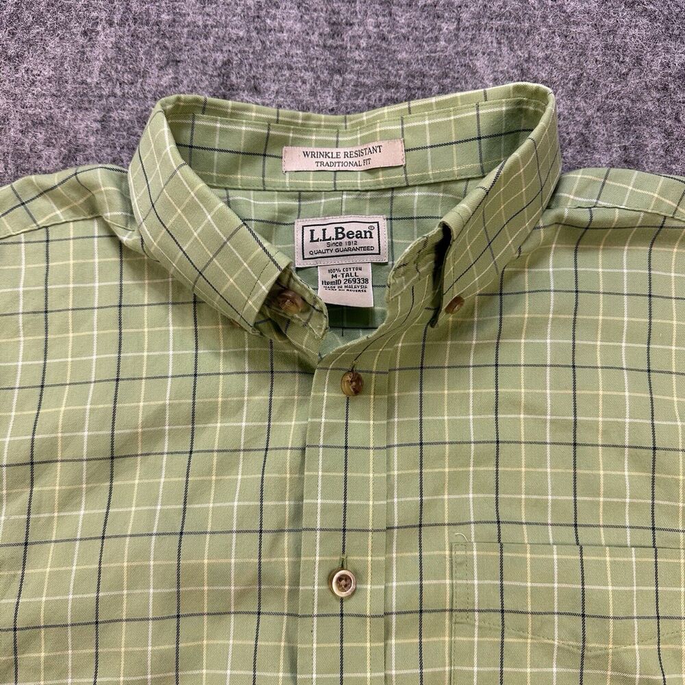LL Bean Shirt Men Medium Tall Beige Kennebunk Plaid Holiday Office Business